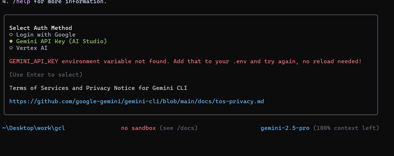 Authentication prompt for Gemini CLI